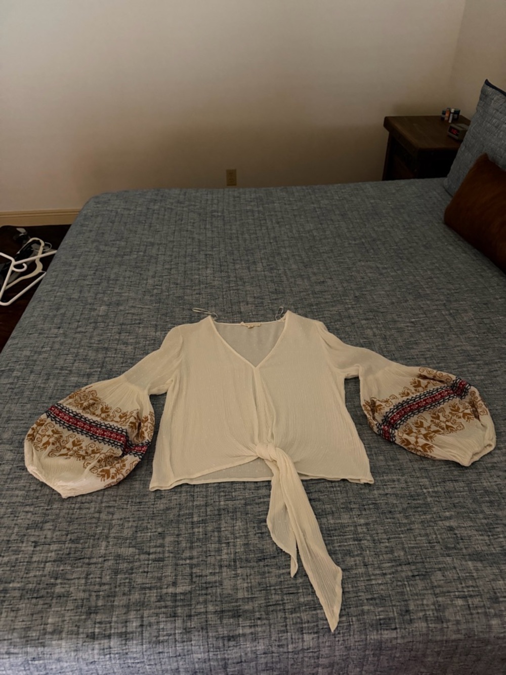 lovestitch Ivory Tie-Front Blouse with Embroidered Balloon Sleeves